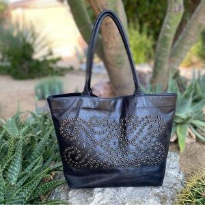 BERGE Vintage Leather Tote Shoulder Bag, Burnished Gold Grommet Design